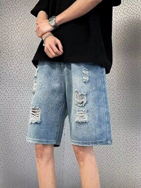 Men's Full Size Distressed Wash Wide Leg Denim Shorts Plus Size